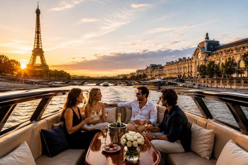 Petit groupe profitant d’une croisière privative sur la Seine à Paris avec vue sur la tour Eiffel au coucher du soleil