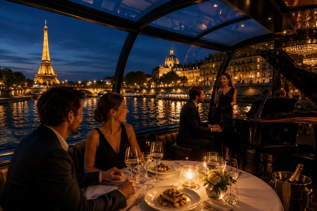 Couple profitant d’un dîner-croisière avec pianiste live sur la Seine à Paris face à la tour Eiffel illuminée
