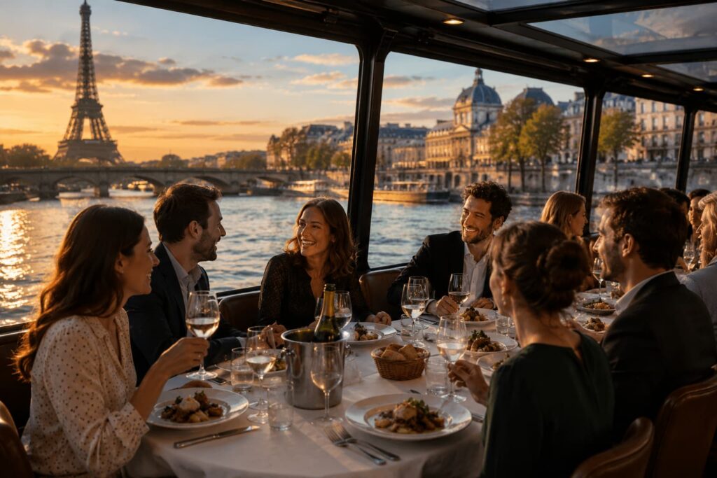Groupe d’adultes profitant d’un déjeuner-croisière sur la Seine à Paris avec vue sur la tour Eiffel au coucher du soleil