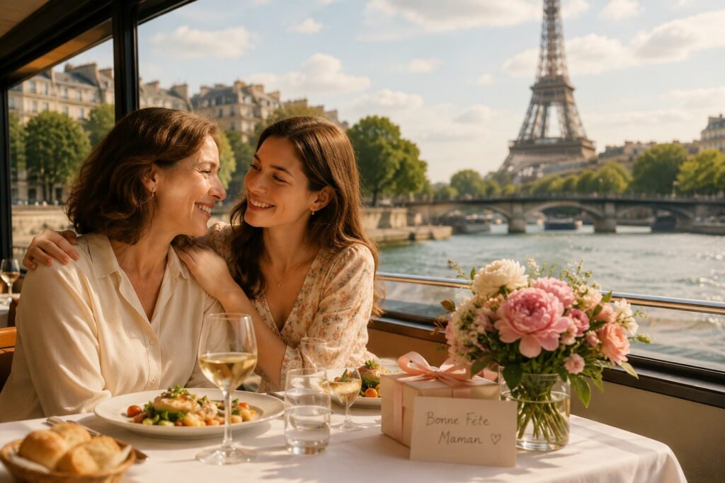 Une mère et sa fille profitent d’un déjeuner-croisière sur la Seine à Paris pour célébrer la fête des Mères face à la tour Eiffel